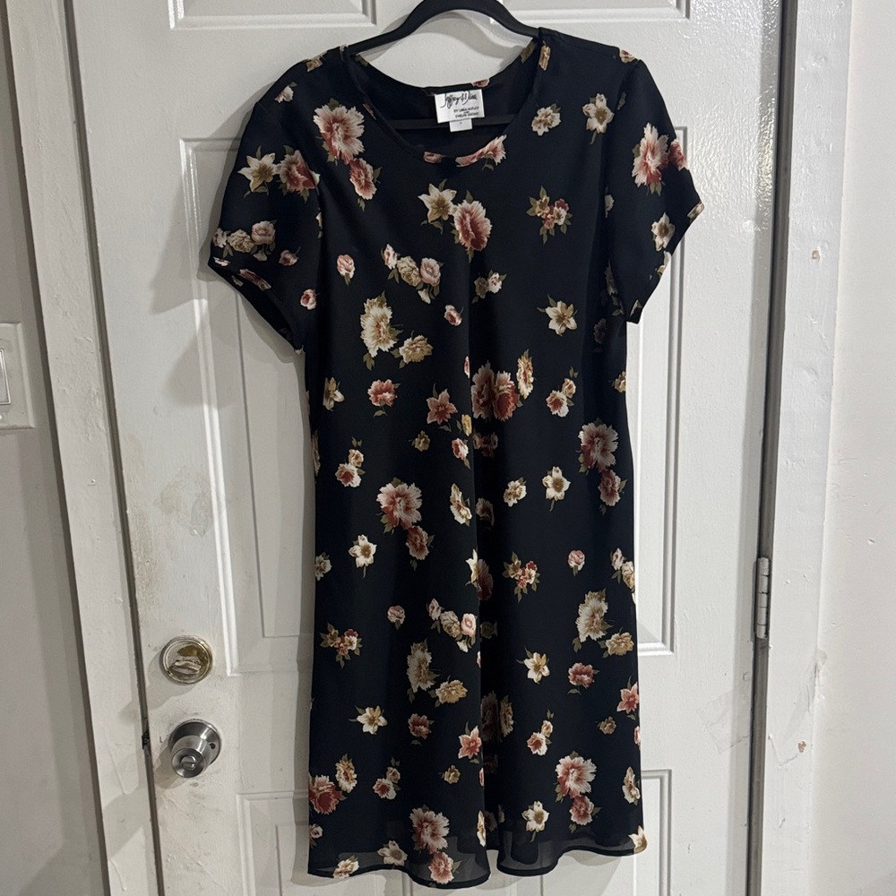 Vintage Floral Midi Dress - Black with Cream & Pink Flowers